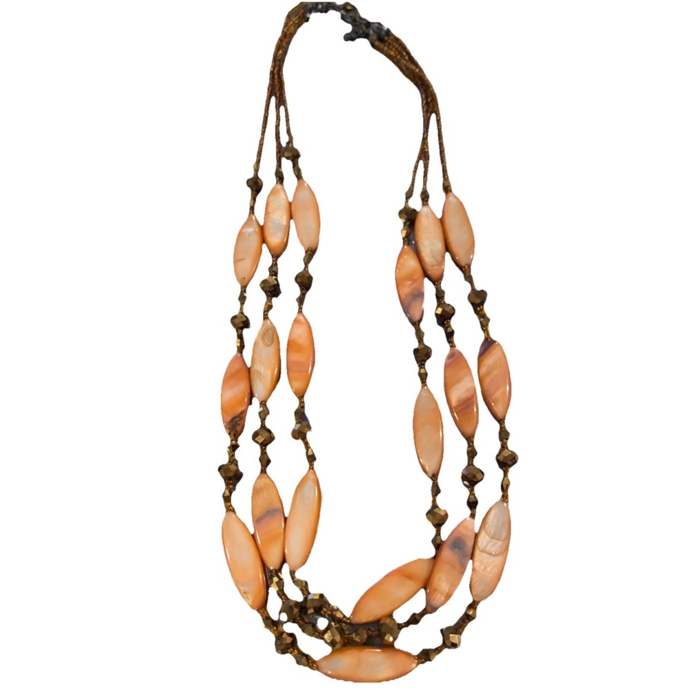 Vtg Triple Stand Mother Of Pearl Orange Hue With Seed Beads, Bronze Tone Beads
